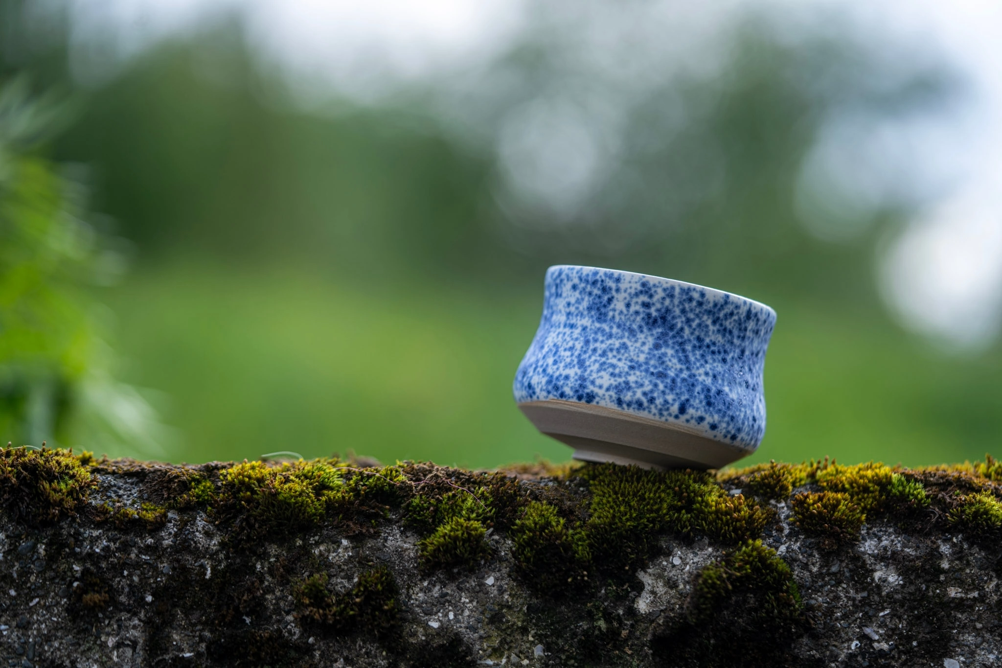 Blue speckled ceramic cup resting on moss