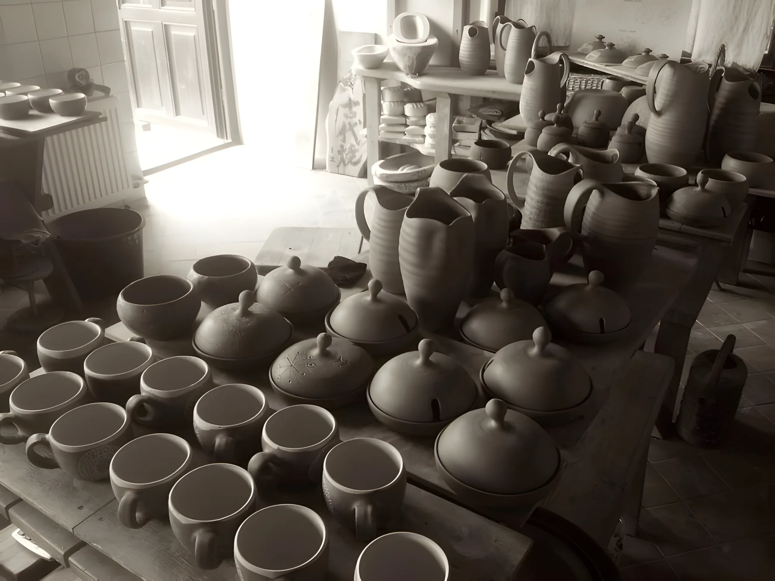 Tenis Preiss studio table with handmade cups, teapots, and vessels